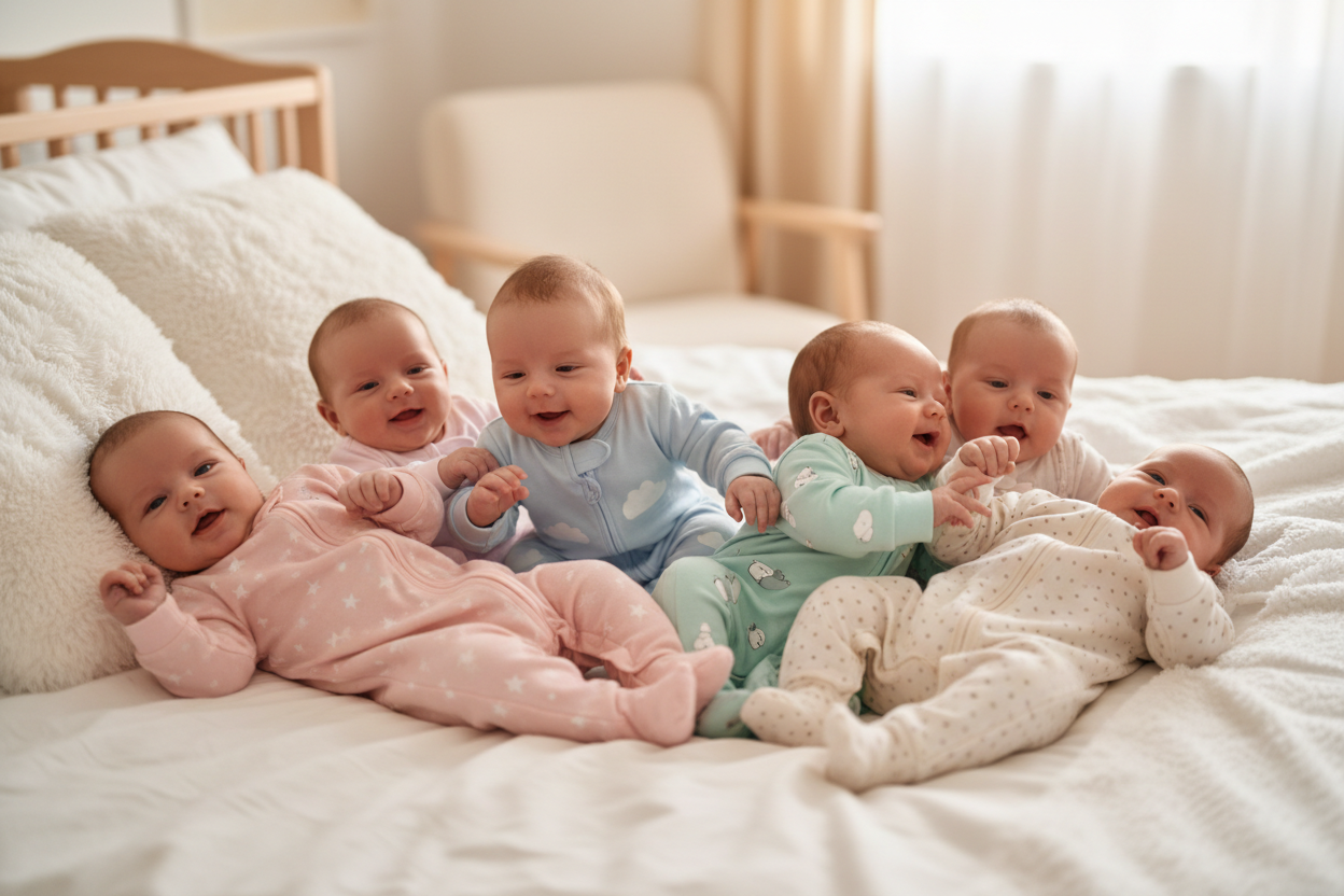 a cute new born babies playing in bed they wear sleepersuits