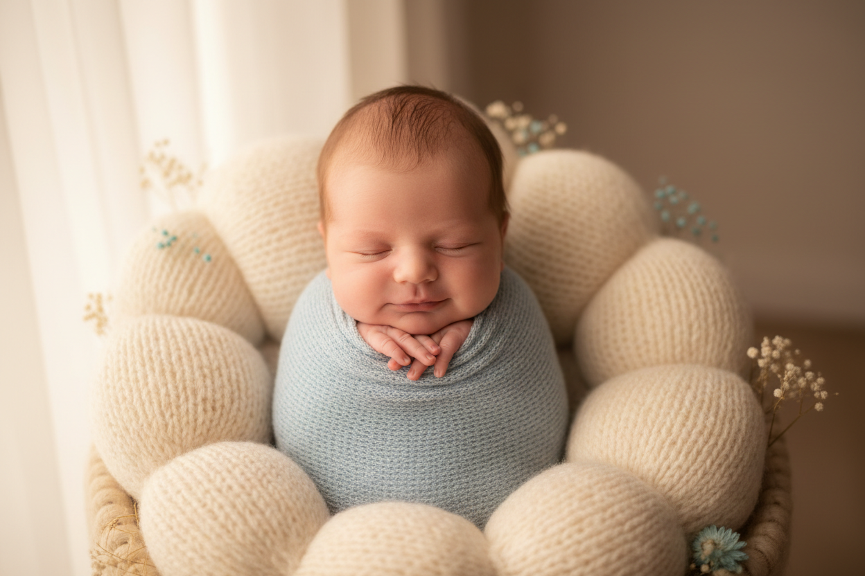 new born babys in romber waer sleep in soft coushion